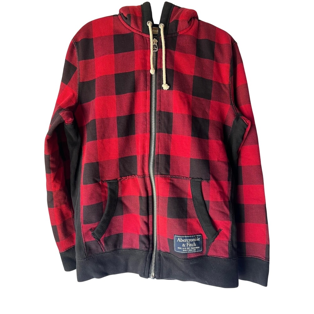 Vintage Abercrombie & Fitch S Red Black Buffalo Plaid Sherpa Lined Zip Up Hoodie